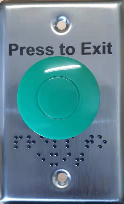 Green Press to Exit Momentary Mushroom Button, Brail Writing, IP65 S/S Plate, IP65, WEL2220BRAILLE-Exit Buttons-CTC Communications
