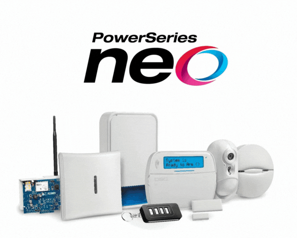 White DSC PowerSeries Neo security system components, including a keypad, sensors, and remote.