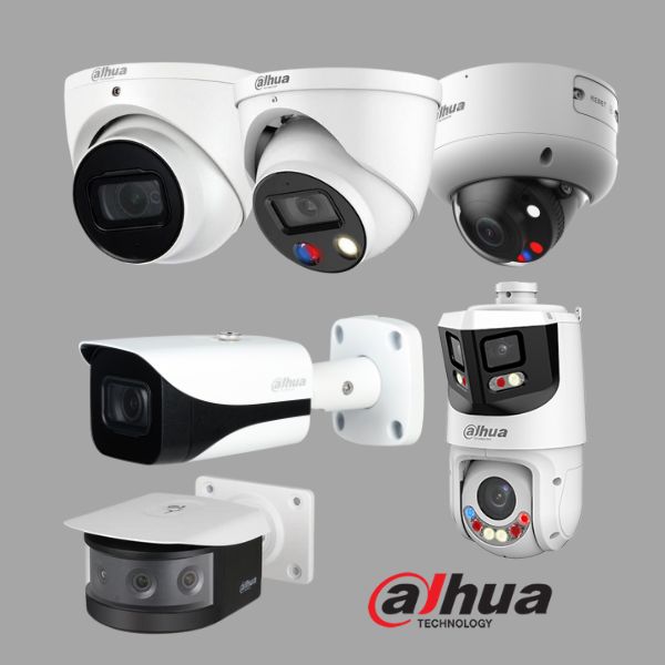 Set of Dahua security cameras on a gray background