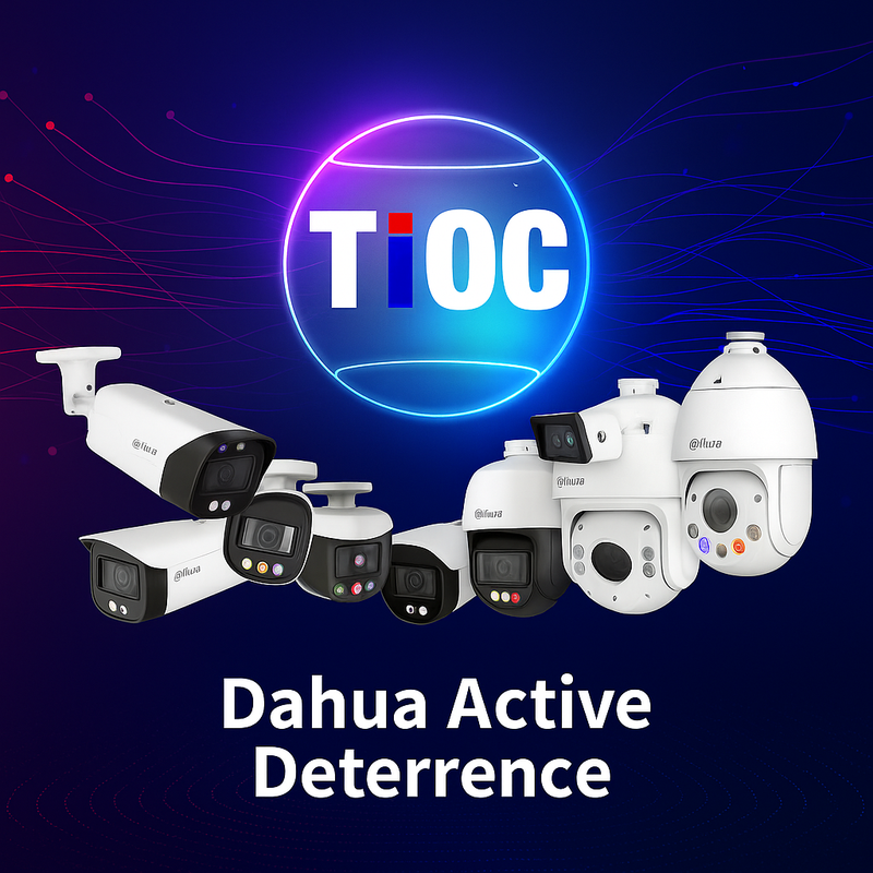 Dahua security cameras with TI OC logo on a dark blue background