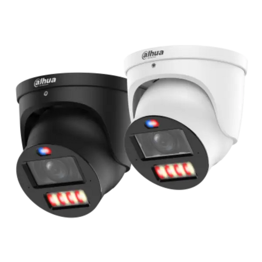 Two Dahua dome security cameras shown on a plain white background, one in black and one in white, each with visible red LED light bars and the Dahua logo on the top front.