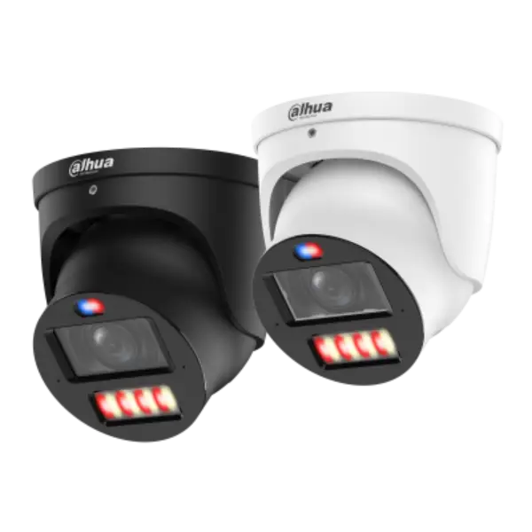 Two Dahua dome security cameras shown on a plain white background, one in black and one in white, each with visible red LED light bars and the Dahua logo on the top front.