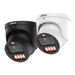 Two Dahua dome security cameras shown on a plain white background, one in black and one in white, each with visible red LED light bars and the Dahua logo on the top front.