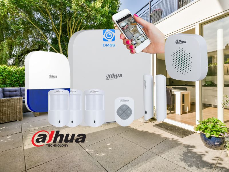 Dahua security system with outdoor camera and smartphone app on a patio.