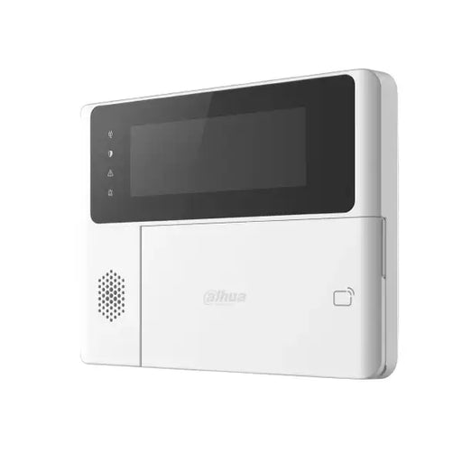 A white Dahua video surveillance panel with a black screen display, featuring a speaker grille on the left and the Dahua logo on the front, set against a plain white background.