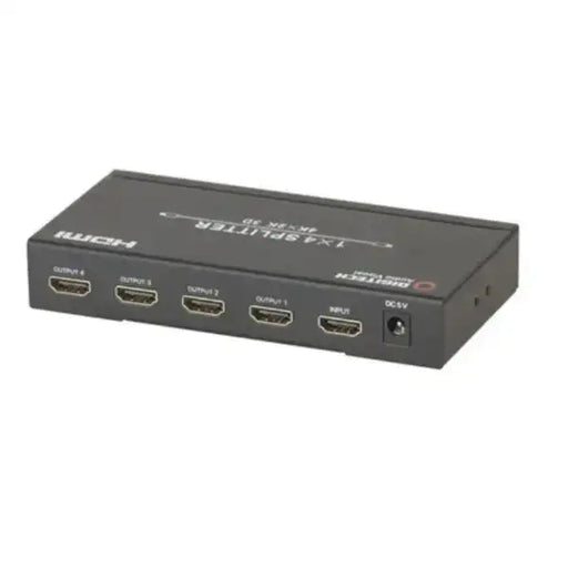 A black 1x4 HDMI video splitter box with four output ports and an input port, shown on a plain white background.