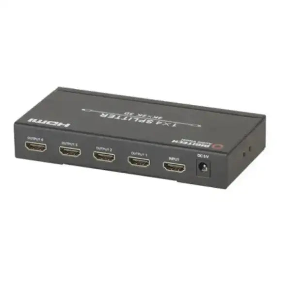 A black 1x4 HDMI video splitter box with four output ports and an input port, shown on a plain white background.