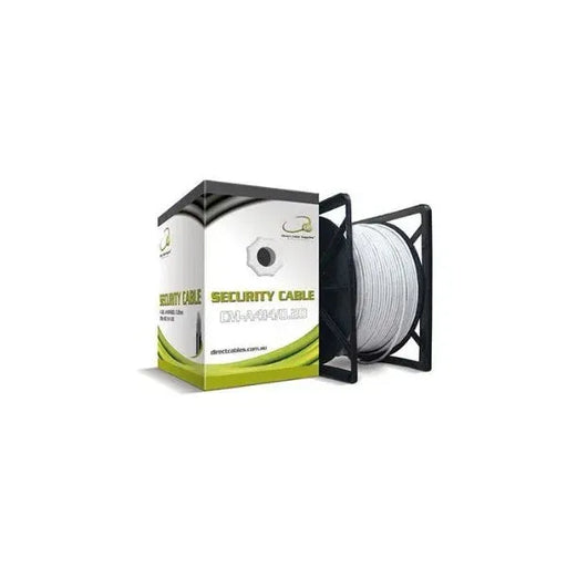 Security cable on a spool with packaging on a white background