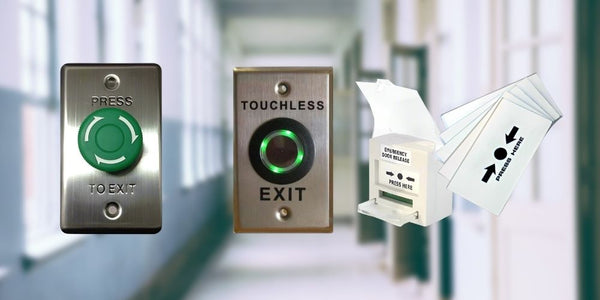 Touchless exit buttons and signs in a hallway setting