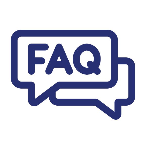 Dark blue outline icon of two overlapping speech bubbles, with "FAQ" in the front bubble.