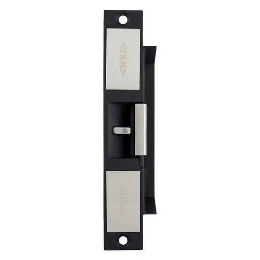 A black metal door latch assembly with silver-toned metal plates and a small central latch bolt, shown against a plain white background.
