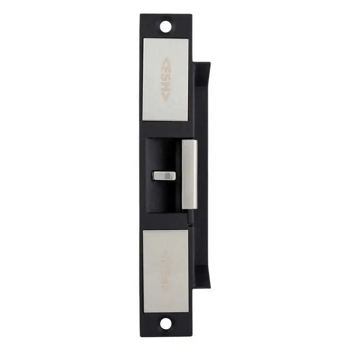 A black metal door latch assembly with silver-toned metal plates and a small central latch bolt, shown against a plain white background.