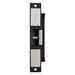 A black metal door latch assembly with silver-toned metal plates and a small central latch bolt, shown against a plain white background.