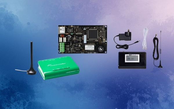 Collection of electronic components on a blue gradient background