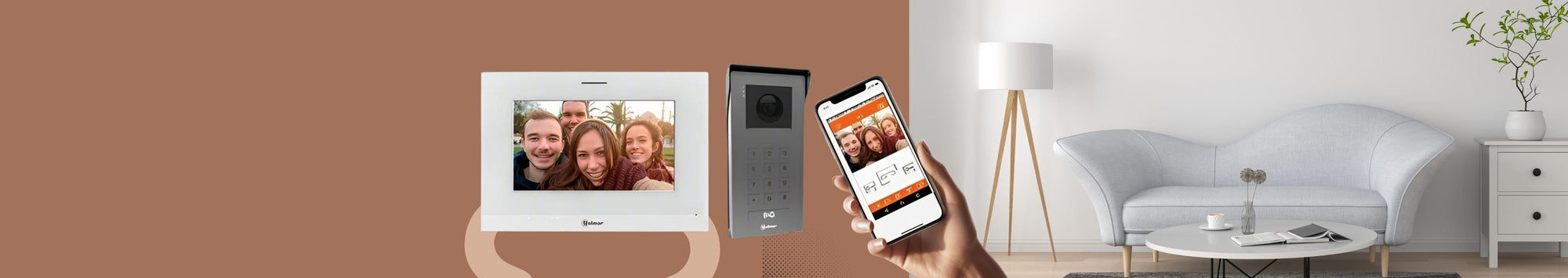 Digital photo frame, doorbell, and smartphone app on a living room background