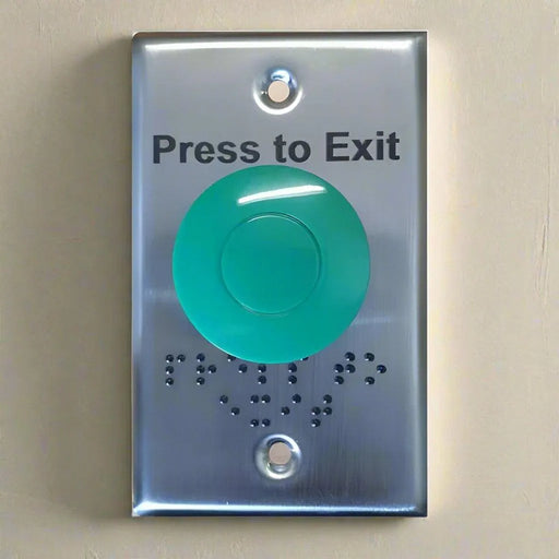 Green Press to Exit Momentary Mushroom Button, Brail Writing, IP65 S/S Plate, IP65, WEL2220BRAILLE