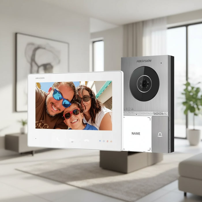 A 7-inch HD-iVision video intercom monitor and its matching silver wireless speaker/relay receiver, shown against a plain white background.