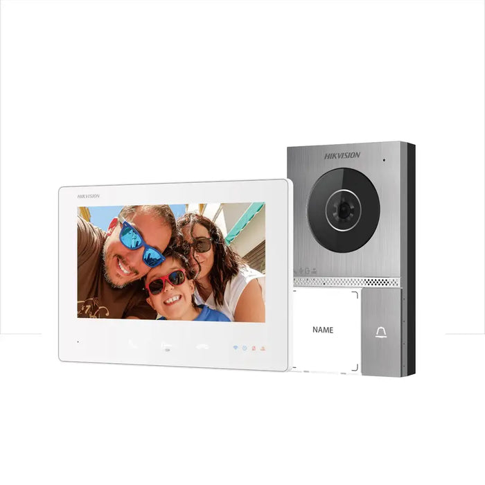 A 7-inch HD-iVision video intercom monitor and its matching silver wireless speaker/relay receiver, shown against a plain white background.
