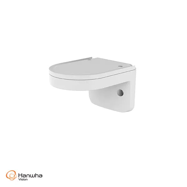 A white wall-mounted bracket Hanwha Vision logo in the bottom-left corner.