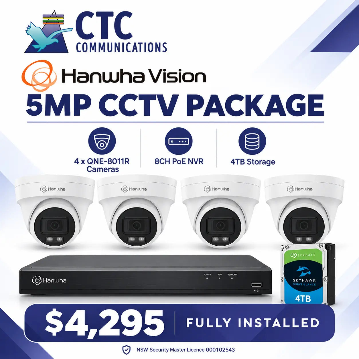 CTC Communications and Hanwha Vision 5MP CCTV package promotional graphic showing four white dome cameras, a black NVR, a 4TB Seagate external drive, and pricing text on a white and blue background.