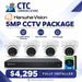 CTC Communications and Hanwha Vision 5MP CCTV package promotional graphic showing four white dome cameras, a black NVR, a 4TB Seagate external drive, and pricing text on a white and blue background.