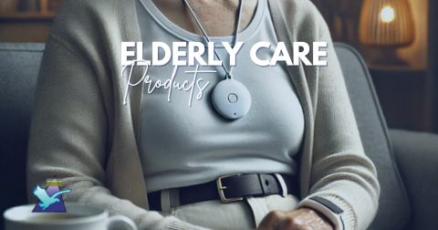 Elderly person wearing a light blue medical alert pendant and a smartwatch, sitting comfortably.