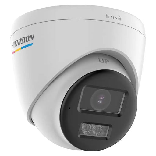 A white dome security camera with a black lens housing, featuring the Hikvision logo on the side, set against a plain white background.