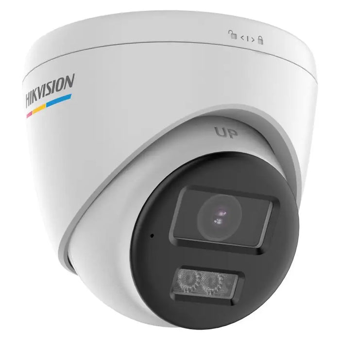 A white dome security camera with a black lens housing, featuring the Hikvision logo on the side, set against a plain white background.