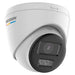A white dome security camera with a black lens housing, featuring the Hikvision logo on the side, set against a plain white background.