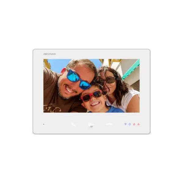 A Hikvision indoor security video monitor with a white bezel and a color display showing a family selfie, isolated on a white background.