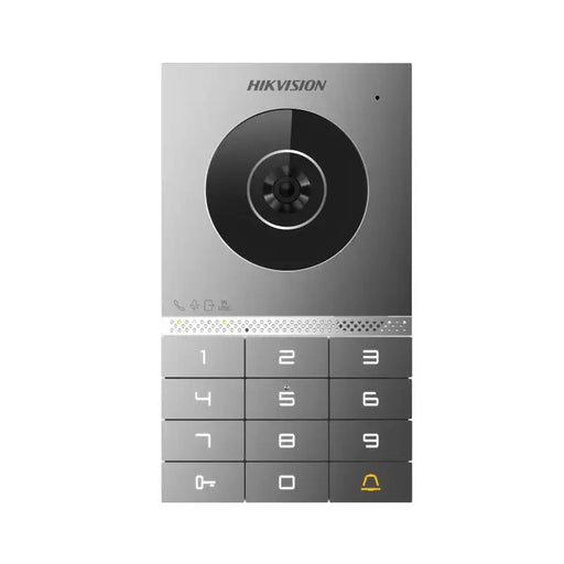 A Hikvision digital video doorbell with an integrated keypad on a clean white background.