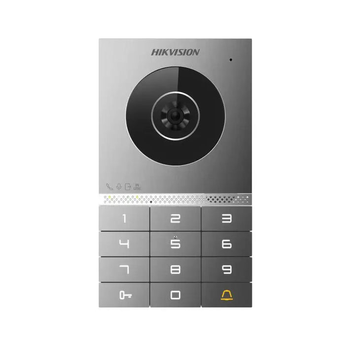 A Hikvision digital video doorbell with an integrated keypad on a clean white background.