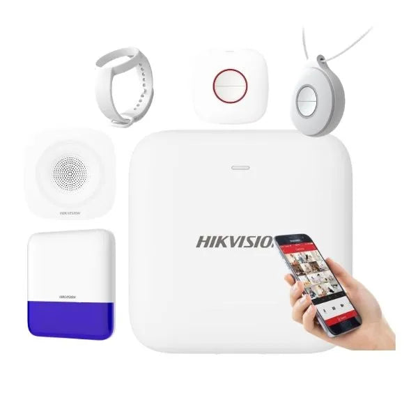 Hikvision security system with smartphone app on a white background