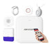 Hikvision security system with smartphone app on a white background