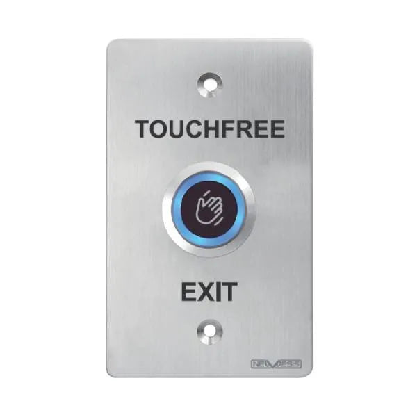 A brushed stainless steel touchfree exit button panel with a blue-lit central button and black text reading 'TOUCHFREE' and 'EXIT'.