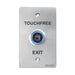 A brushed stainless steel touchfree exit button panel with a blue-lit central button and black text reading 'TOUCHFREE' and 'EXIT'.