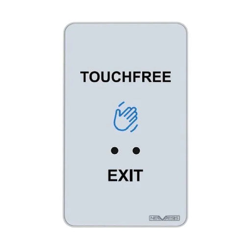 A rectangular touch-free exit panel with rounded corners, featuring the words 'TOUCHFREE' and 'EXIT' in black text, a blue hand icon, and two black dots on a light gray background. The brand name 'NELMER' is printed at the bottom right.