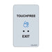 A rectangular touch-free exit panel with rounded corners, featuring the words 'TOUCHFREE' and 'EXIT' in black text, a blue hand icon, and two black dots on a light gray background. The brand name 'NELMER' is printed at the bottom right.