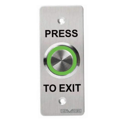 A brushed stainless steel emergency exit push button with a green accent ring and black text reading 'PRESS TO EXIT'.