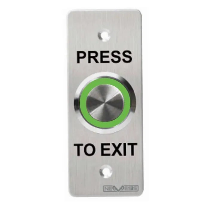 A brushed stainless steel emergency exit push button with a green accent ring and black text reading 'PRESS TO EXIT'.