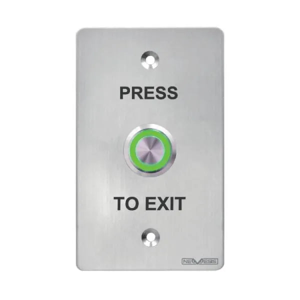 A brushed stainless steel emergency exit push-button panel with a green-lit button and black text reading 'PRESS TO EXIT'.