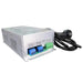 A silver metal power supply unit with blue and green terminal blocks on the front, connected to a black power cord, shown on a plain white background.