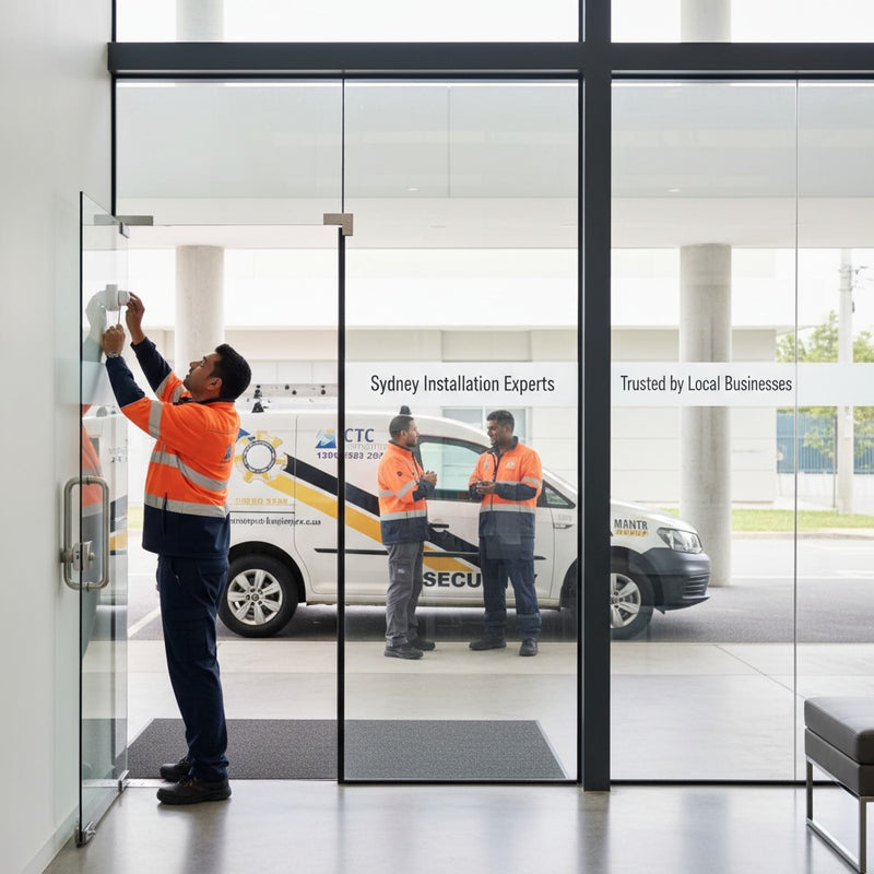 Two workers in high-visibility clothing opening a glass door with a vehicle and 'Sydney Installation Experts' branding in the background.