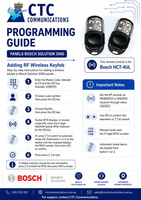 A blue and white CTC Communications Programming Guide page for adding RF Wireless Keyfobs to Bosch Solution 3000 panels, featuring two black Bosch HCT-4UL keyfobs and step-by-step instructions.