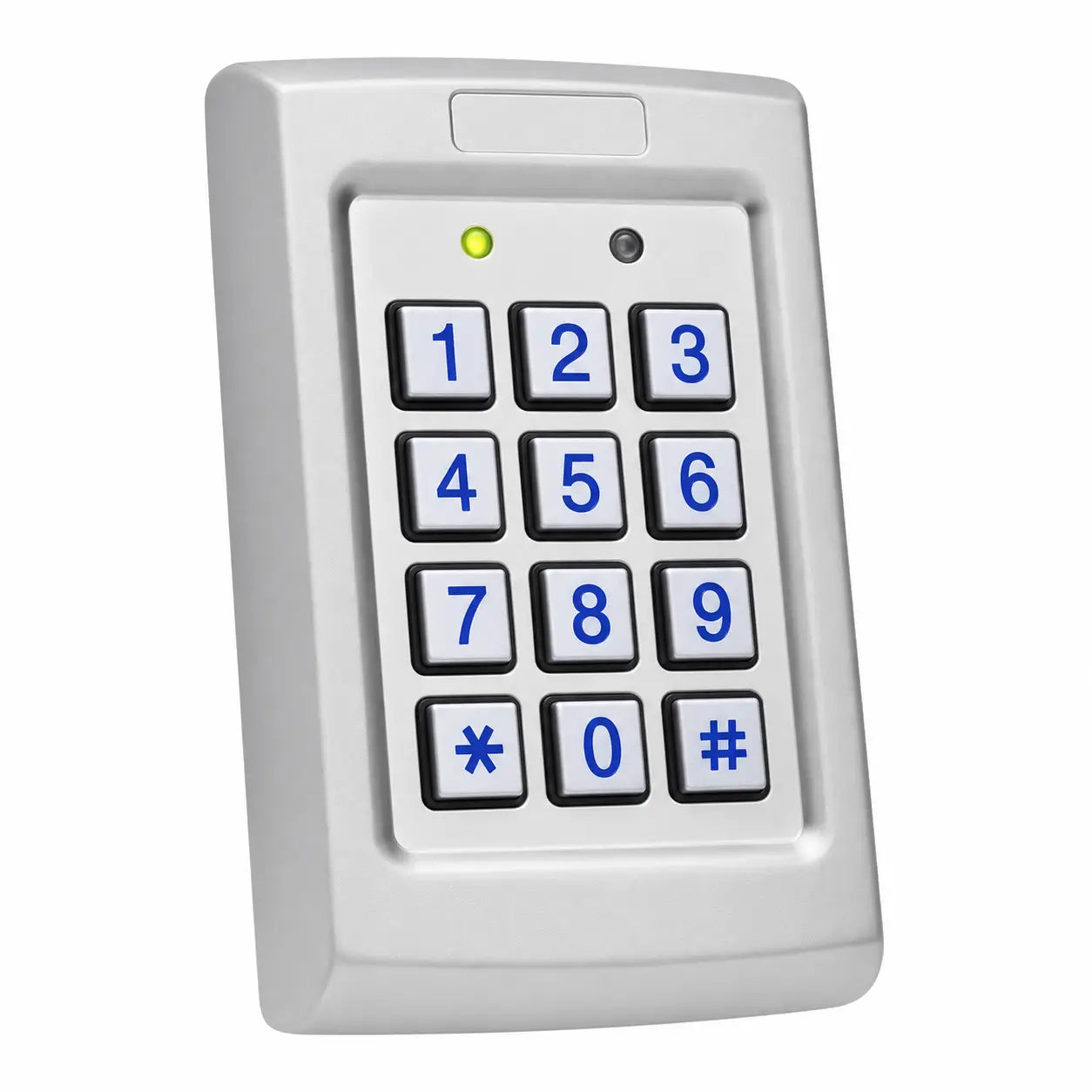 A silver metal keypad entry device with a white faceplate, blue numbers, and a small green indicator light, shown on a plain white background.