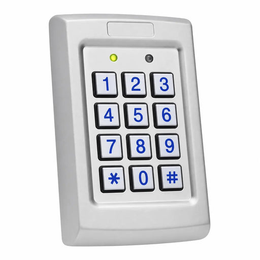 A silver metal keypad entry device with a white faceplate, blue numbers, and a small green indicator light, shown on a plain white background.