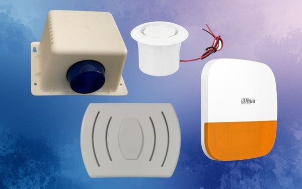 Set of security system components including a camera, speaker, and other devices on a blue gradient background.