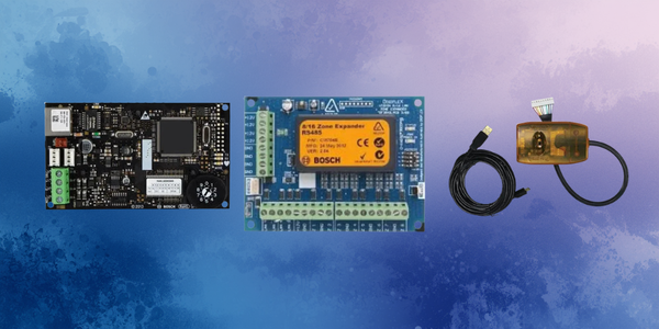 Electronic components including a circuit board and connectors on a blue gradient background