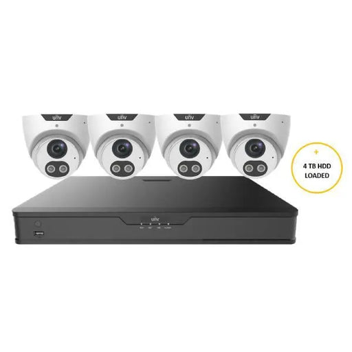 Uniview CCTV Kit, 8 Channel Network Recorder, 4 x 8MP Turret Cameras,Siren and Speaker, UNVP1K48T8BE-4TBLWHT-T