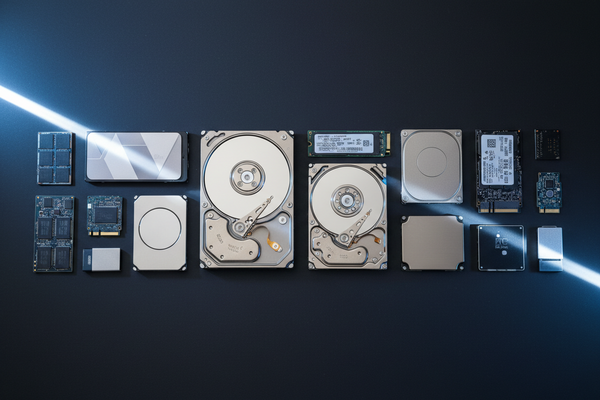 Various hard drives, SSDs, and memory components arranged neatly on a dark surface with a diagonal light streak.